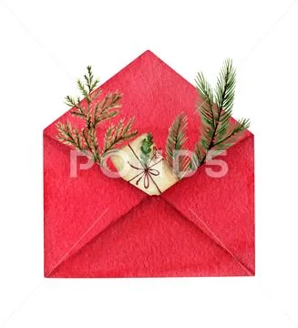 Watercolor vector postal envelope with green fir branches and a gift. Stock Illustration