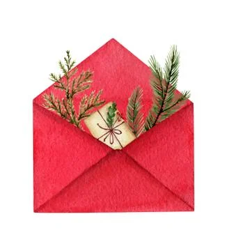 Watercolor vector postal envelope with green fir branches and a gift. Stock Illustration