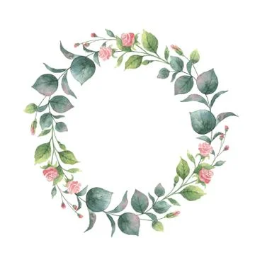 Watercolor vector round wreath with eucalyptus leaves and branches. Stock Illustration