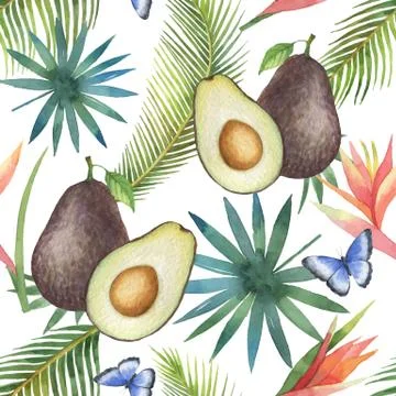 Watercolor vector seamless pattern of avocado and palm trees isolated on white Illustrazione stock