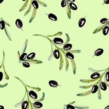 Watercolor vector seamless pattern with black olive tree branches on green Stock-Illustration