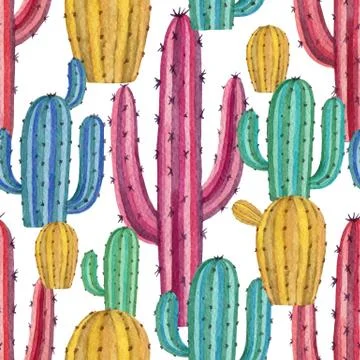 Watercolor vector seamless pattern of cacti and succulent plants isolated on 스톡 일러스트
