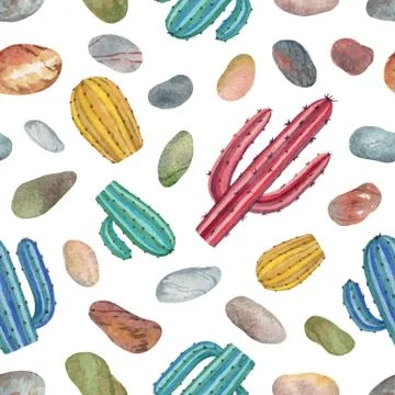 Watercolor vector seamless pattern of cacti and colored decorative stones Stock Illustration
