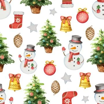 Watercolor vector seamless pattern with Christmas tree and toys. Stock Illustration