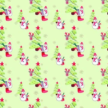 Watercolor Vector Seamless Pattern With Christmas Tree And Toys. Stock Illustration