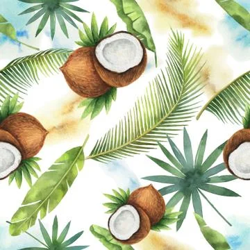 Watercolor vector seamless pattern of coconut and palm trees isolated on white Illustrazione stock