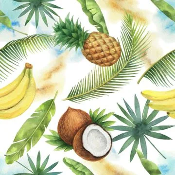 Watercolor vector seamless pattern of coconut, banana, pineapple and palm trees Stock Illustration