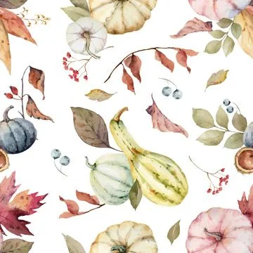 Watercolor vector seamless pattern with colorful pumpkins and leaves. Stock Illustration