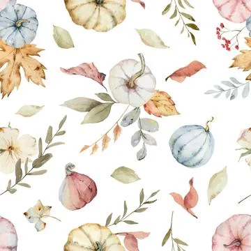 Watercolor vector seamless pattern with colorful pumpkins and leaves. Stock Illustration