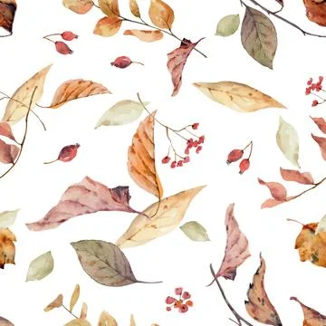 Watercolor vector seamless pattern with colorful pumpkins and leaves. Stock Illustration