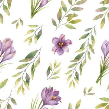 Watercolor vector seamless pattern with eucalyptus leaves and flowers of saffron Illustrazione stock