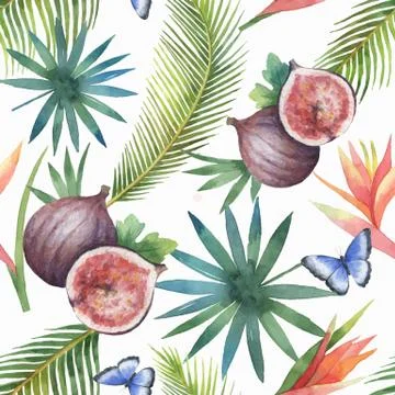 Watercolor vector seamless pattern of figs and palm trees isolated on white Stock Illustration