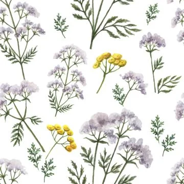 Watercolor vector seamless pattern with flowers and branches. Stock Illustration