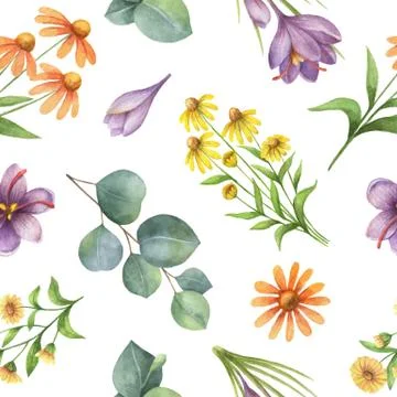 Watercolor vector seamless pattern with flowers and branches. Stock Illustration