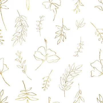 Watercolor vector seamless pattern with golden branches and flowers isolated  Stock Illustration