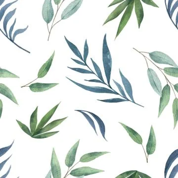 Watercolor vector seamless pattern with green branches and leaves isolated on Stock Illustration