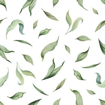 Watercolor vector seamless pattern of green leaves isolated on white backgrou Stock Illustration