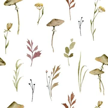 Watercolor vector seamless pattern with green foliage and flowers. Illustrazione stock