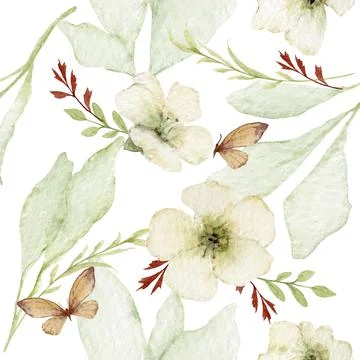 Watercolor vector seamless pattern with green foliage and flowers. Stock Illustration