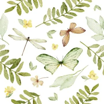 Watercolor vector seamless pattern with green foliage and flowers. Stock Illustration