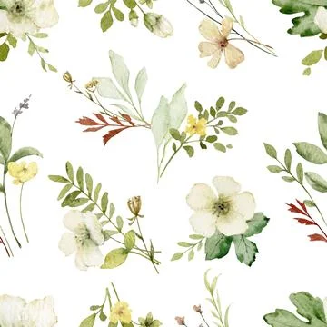 Watercolor vector seamless pattern with green foliage and flowers. Stock Illustration