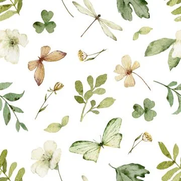 Watercolor vector seamless pattern with green foliage and flowers. Stock Illustration