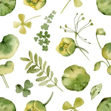 Watercolor vector seamless pattern with green foliage and flowers. Stock Illustration