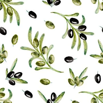 Watercolor vector seamless pattern with green olive tree branches on white Illustrazione stock