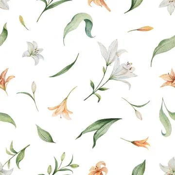Watercolor vector seamless pattern of Lily flowers and green leaves. Illustrazione stock