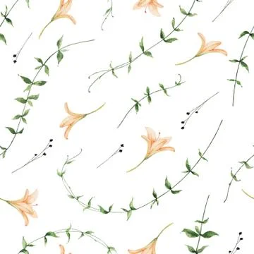 Watercolor vector seamless pattern of Lily flowers and green leaves. Stock Illustration