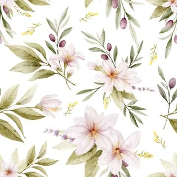 Watercolor vector seamless pattern with olives and green foliage. Hand painted Stock Illustration