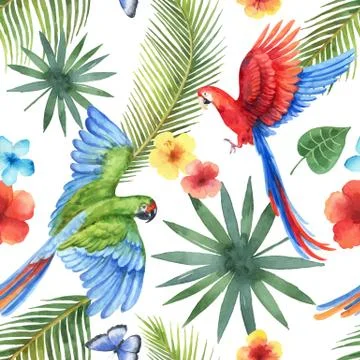 Watercolor vector seamless pattern with parrots, tropical leaves and flowers Stock Illustration