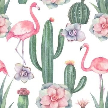 Watercolor vector seamless pattern of pink flamingo, cacti and succulent plants Stock Illustration