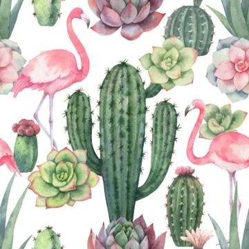 Watercolor vector seamless pattern of pink flamingo, cacti and succulent plants Stock Illustration