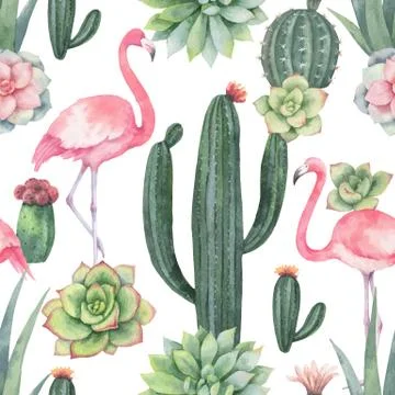 Watercolor vector seamless pattern of pink flamingo, cacti and succulent plants Illustrazione stock