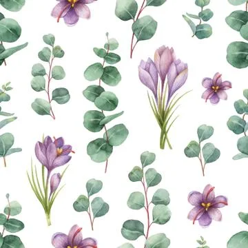 Watercolor vector seamless pattern with silver dollar eucalyptus leaves and 스톡 일러스트