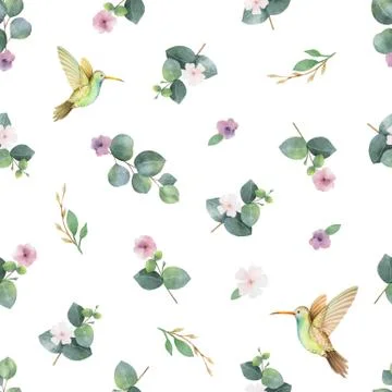 Watercolor vector seamless pattern with silver dollar eucalyptus leaves, flowers Stock Illustration
