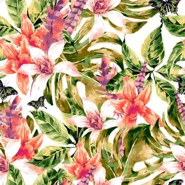 Watercolor vector seamless pattern tropical green leaves Stock Illustration