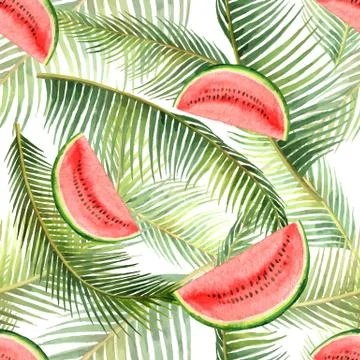 Watercolor vector seamless pattern tropical leaves and slice of watermelon Stock Illustration