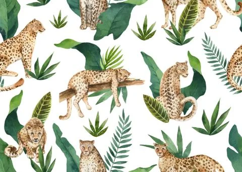 Watercolor vector seamless pattern of tropical leaves and leopards in jungle  Stock Illustration