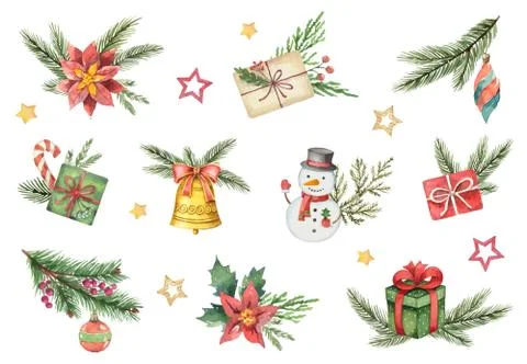Watercolor vector set with Christmas elements isolated on white background. Stock Illustration