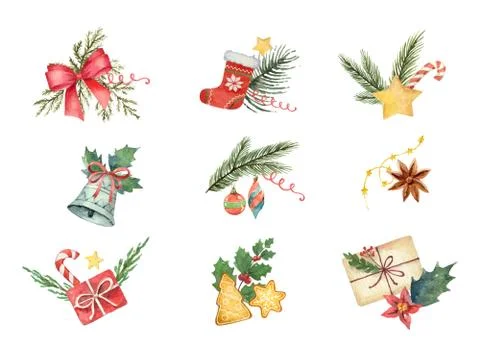 Watercolor vector set with Christmas elements isolated on white background. Stock Illustration