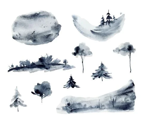 Watercolor vector set of forest winter landscapes and trees. Stock Illustration