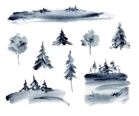 Watercolor vector set of forest winter landscapes and trees. Stock Illustration