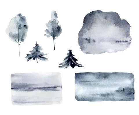 Watercolor vector set of forest winter landscapes and trees. Stock Illustration