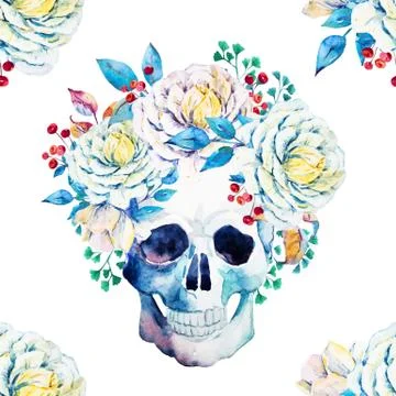 Watercolor vector skull pattern Stock Illustration