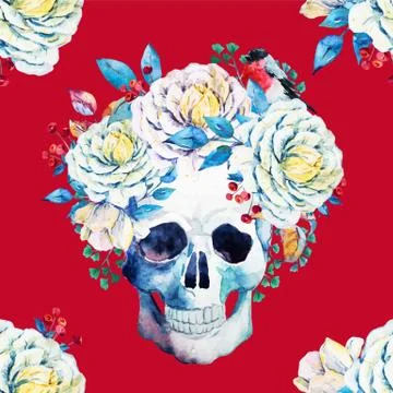 Watercolor vector skull pattern Stock Illustration