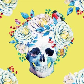 Watercolor vector skull pattern Stock Illustration