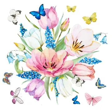 Watercolor vector spring flowers Stock Illustration