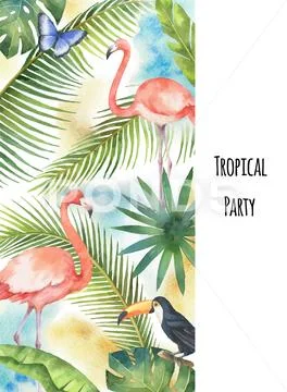 Watercolor vector vertical banner tropical leaves, Flamingo and Toucan isolated Stock Illustration
